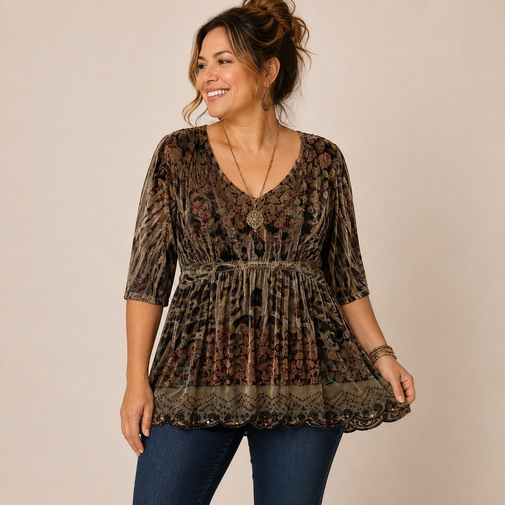 Cato Woman 26/28W Velvet Tunic Top Sequin Mesh Hem Boho Whimsigoth Dark Fairy